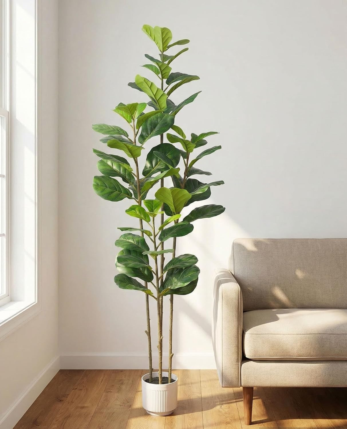6FT Artificial Fiddle Leaf Fig Tree Four-Trunk, Large Faux Ficus Tree with White