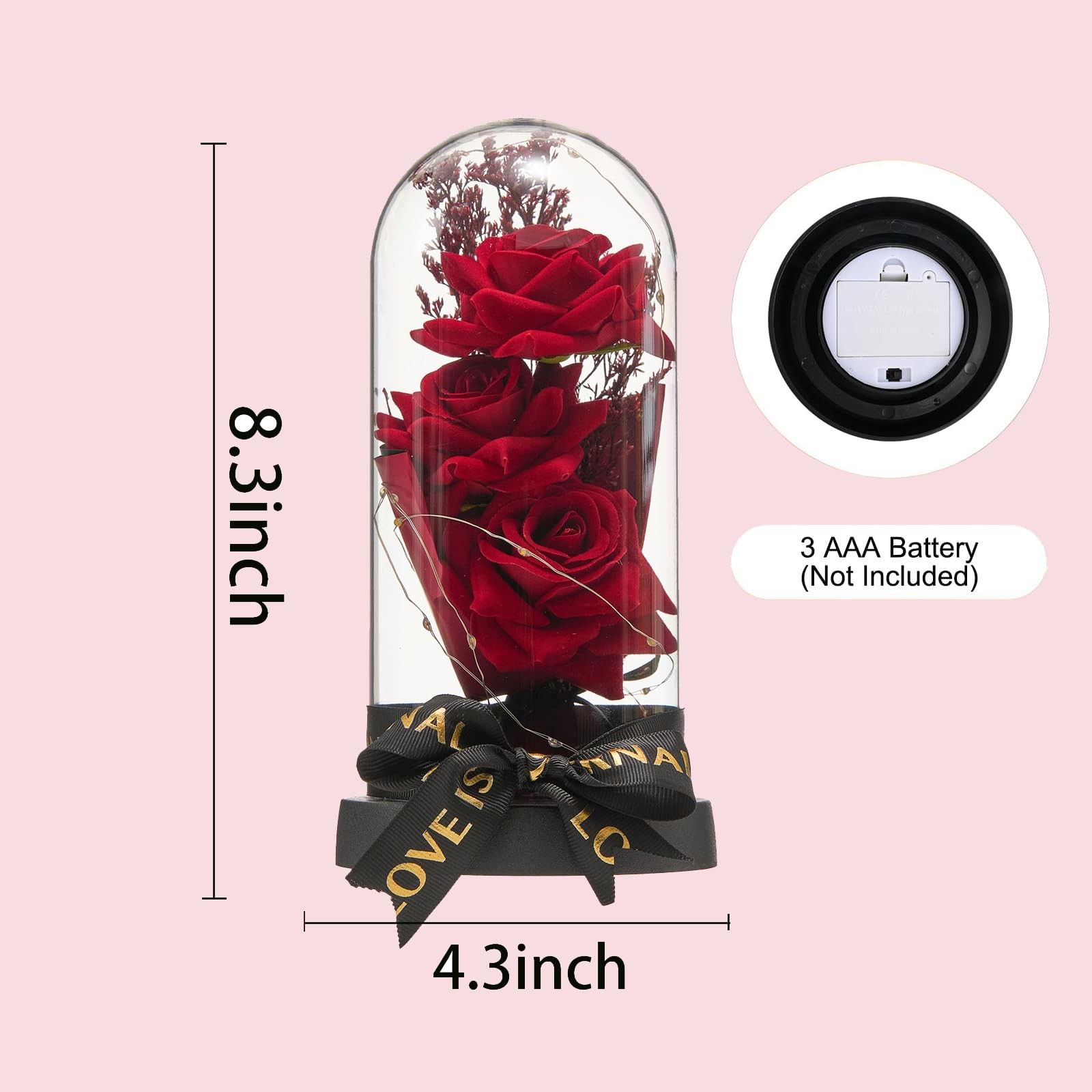 3 Blossoms Artificial Roses in Clear Dome with Lights Mother’s Day Decoration…
