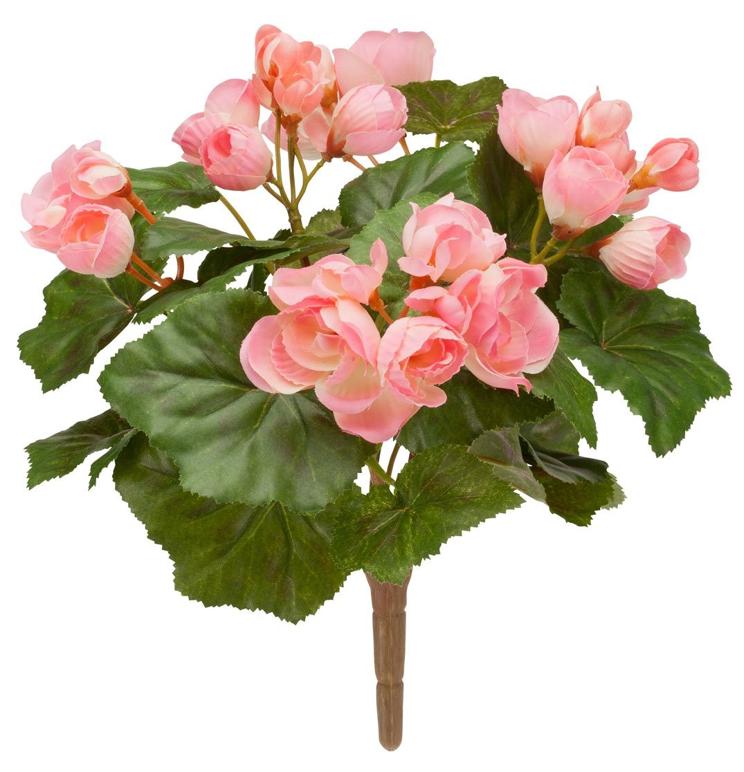 Silk Begonia Bush – Artificial Flowers Outdoor Décor – Pink, 10” Long