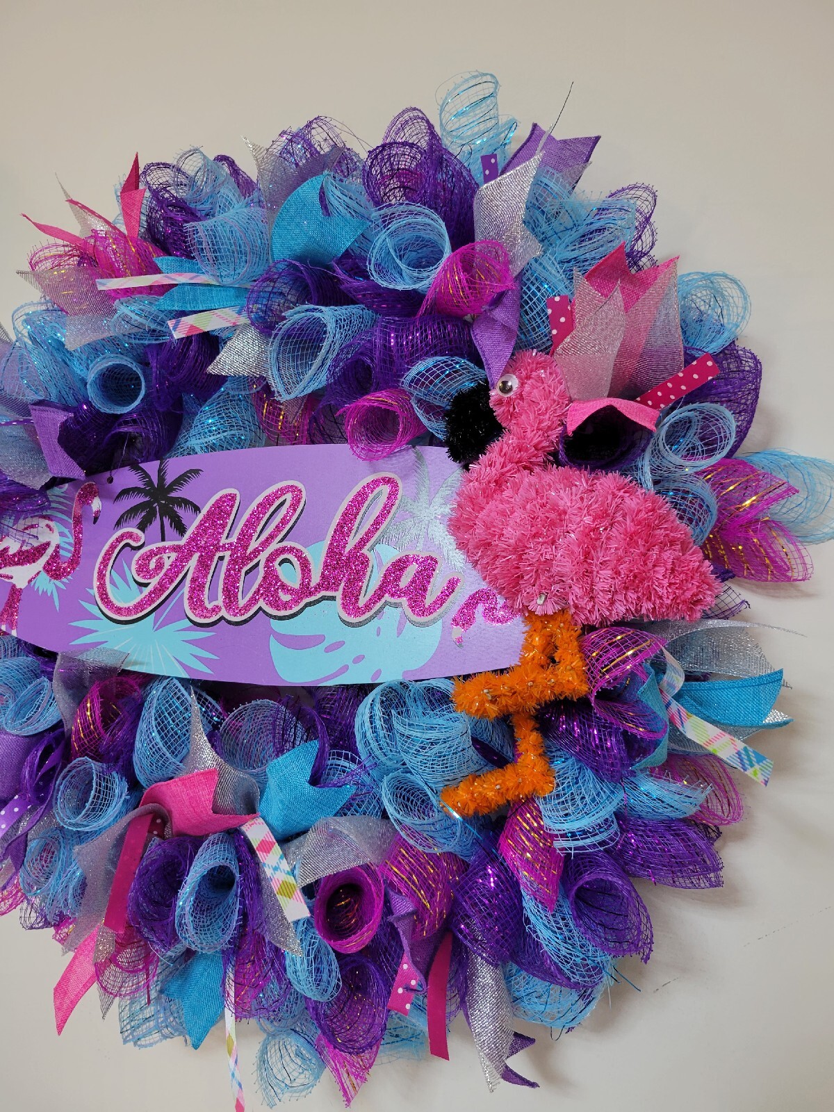 ALOHA Summer Spring Mesh Front Door Wreath Wall Decor BRIGHT Purple Pink Blue