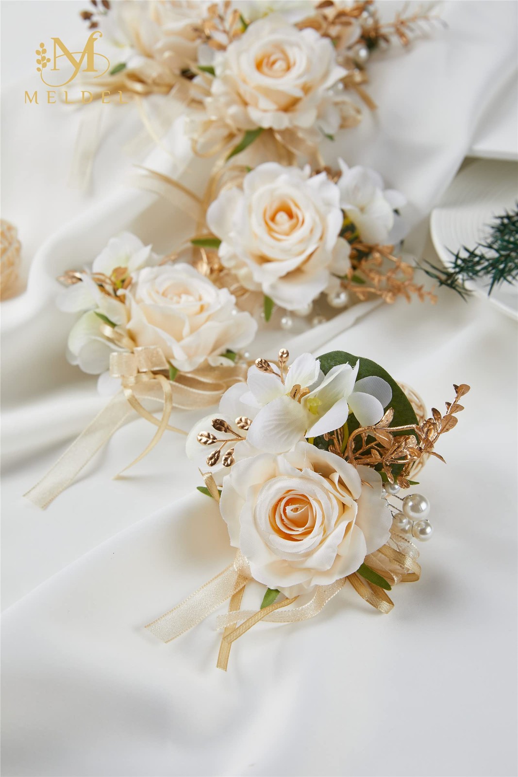 Set of 6 Champagne Faux Silk Men Boutonnieres for Groom Wedding
