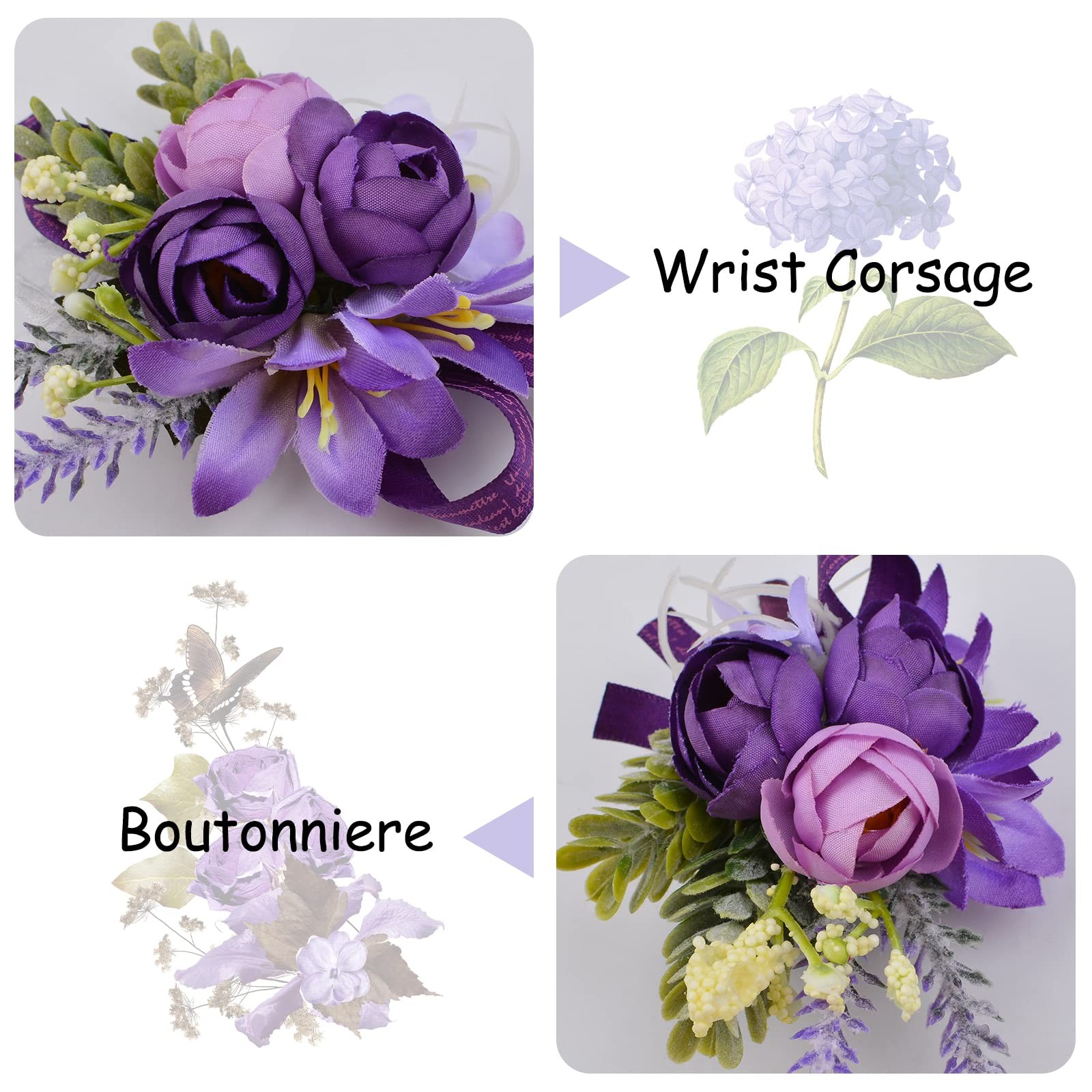 Wrist Corsage and Boutonniere Set, 1 Set Small Rose Purple Hand Flower for Pr…