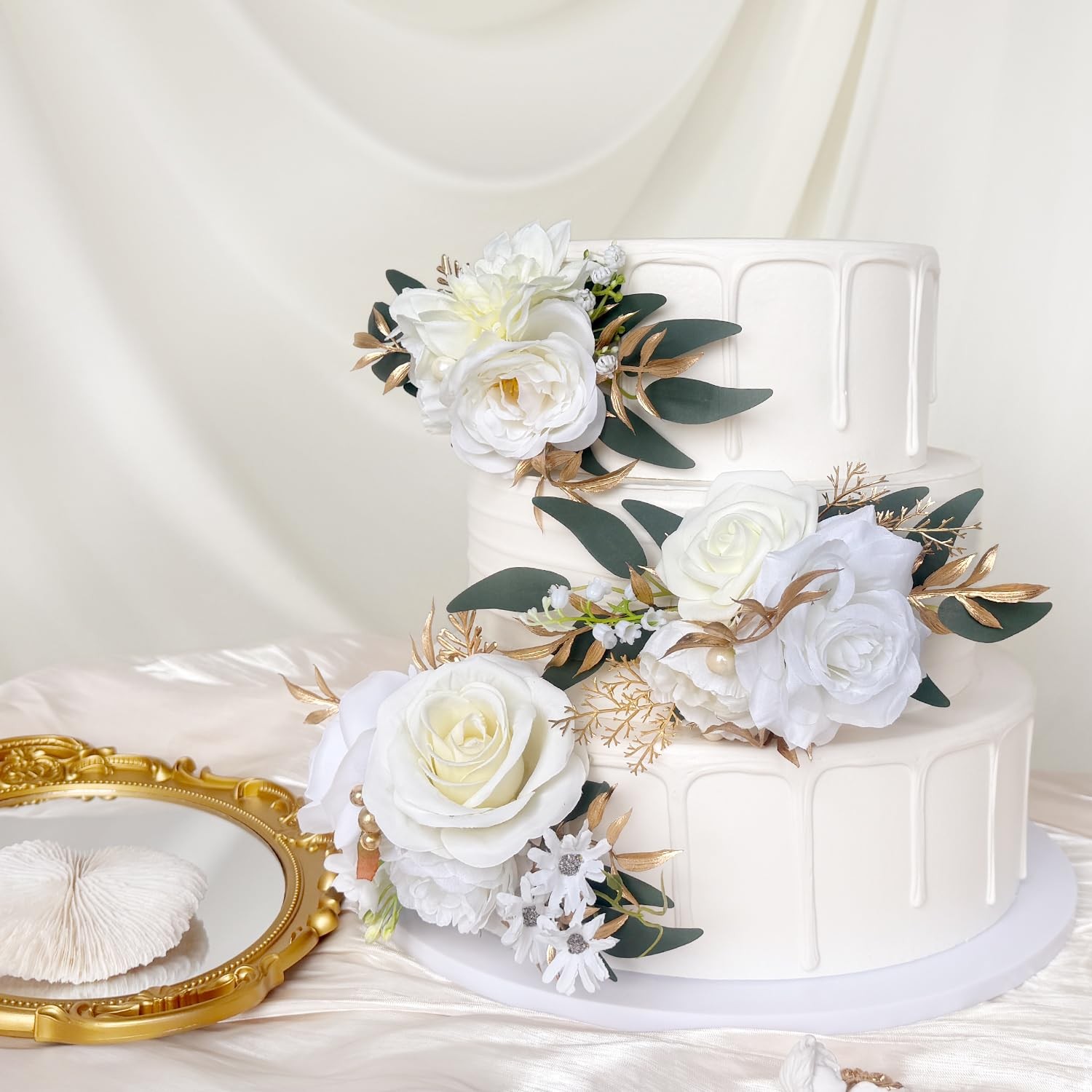 Pre-made Ivory White Gold Flower Cake Topper Decorations Artificial Flowers f…