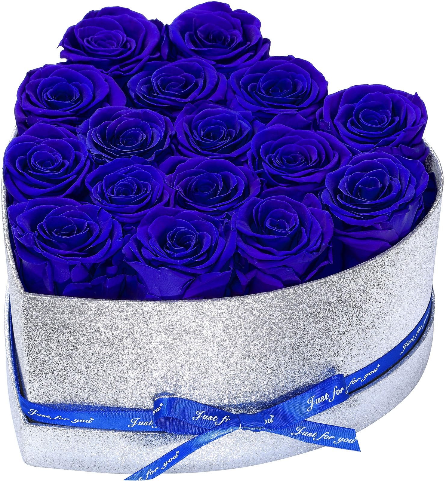 Blue 16 PCS Preserved Forever Roses Heart Shape Box Birthday Gift for Women