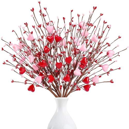 Heart Shaped Berry Picks 6 Pcs Artificial Red Berry Twig Flowers Stem Green