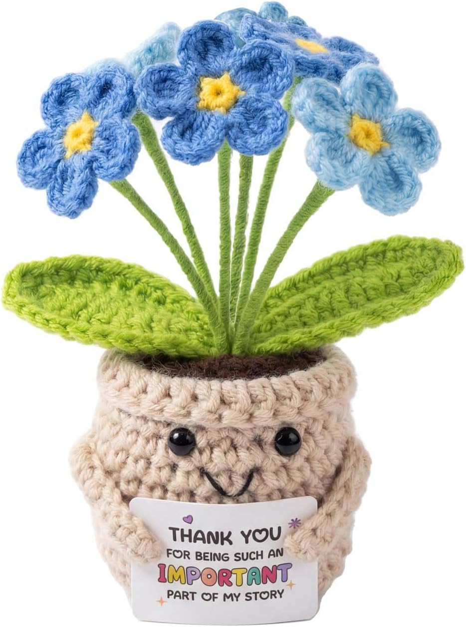Crochet Positive Flowers Potted Plants, Fake Forget Me Not Flowers Doll for Frie