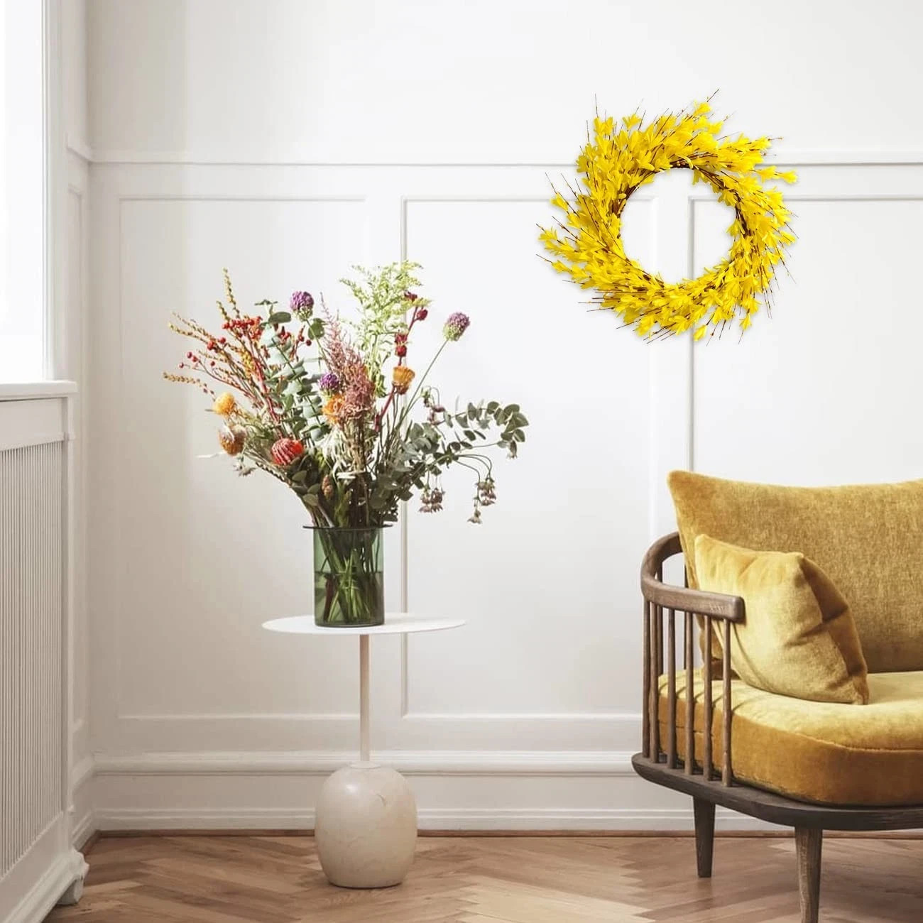 Bibelot 20inch Artificial Forsythia Flower Wreath Spring Summer Fall Silk Leaves