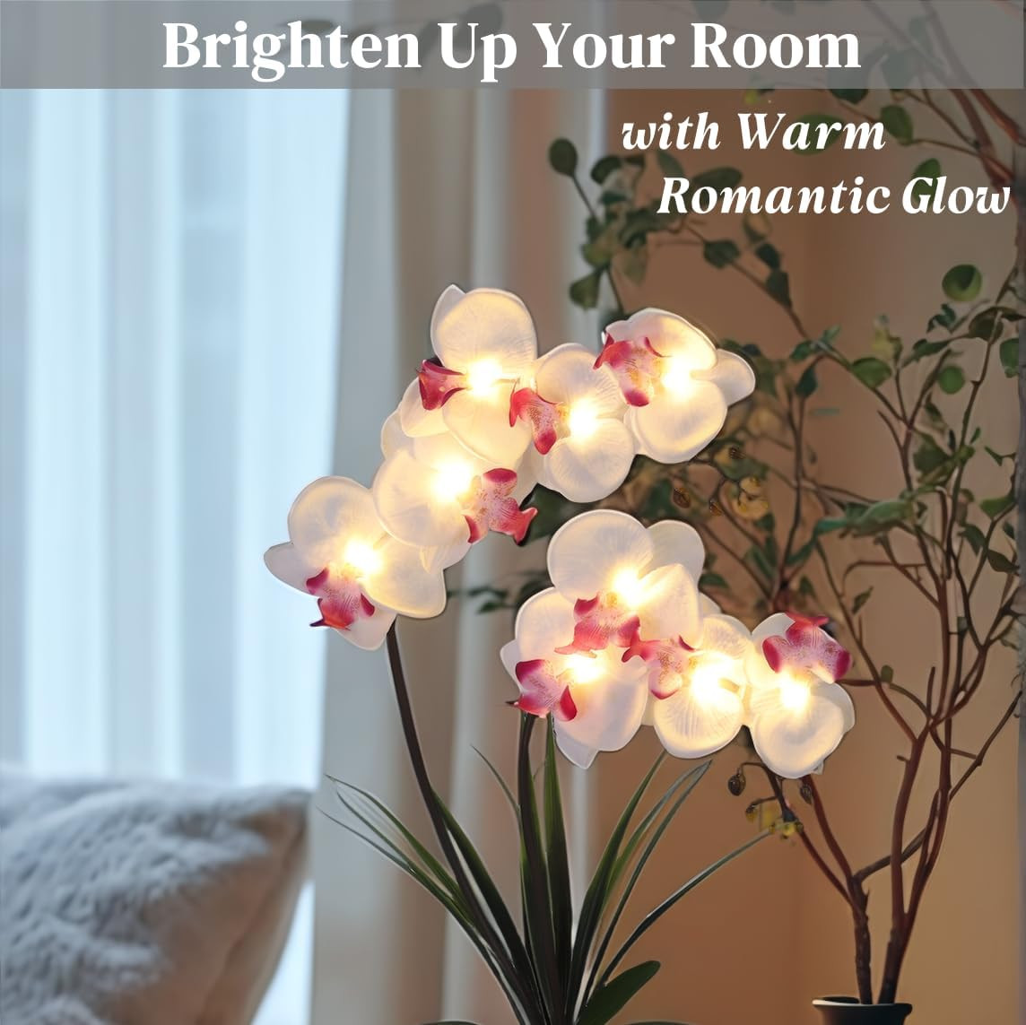 LED Orchid Lamp – Pre-Lit Faux Phalaenopsis Flower Arrangement (White)