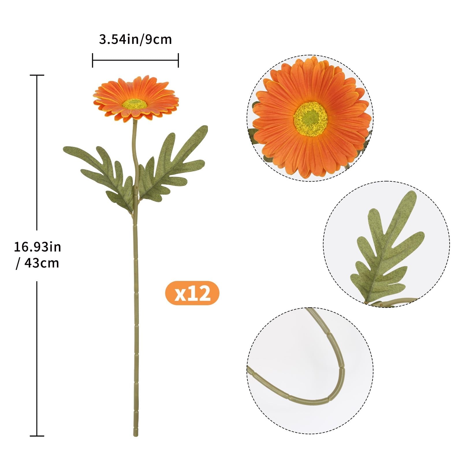 12PCS Orange Gerbera Daisy Artificial Flowers 16.93’’ Real Touch PU Fake Dais…
