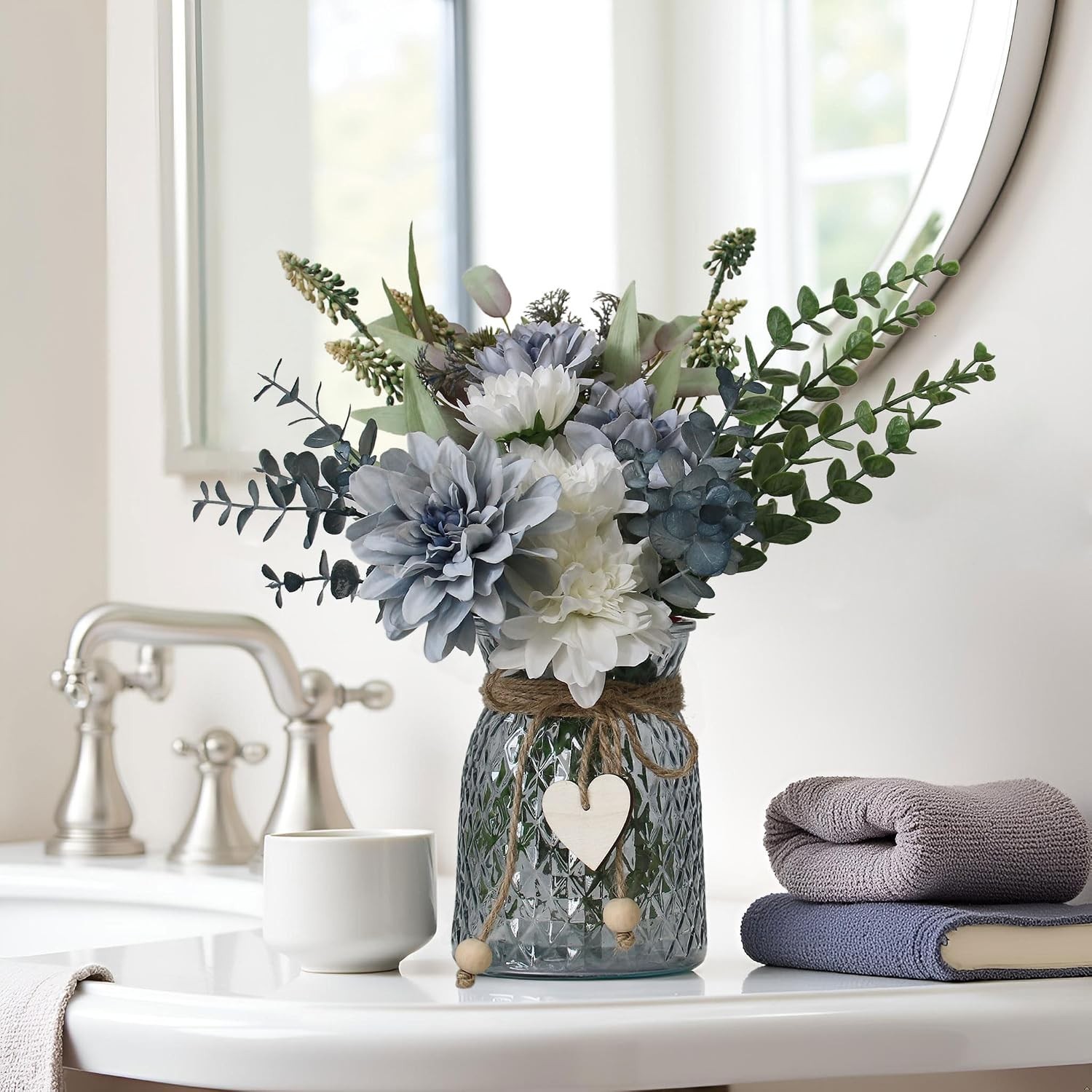 Elegant Dahlia Faux Flower Arrangement in Glass Vase – Perfect Table Centerpiece