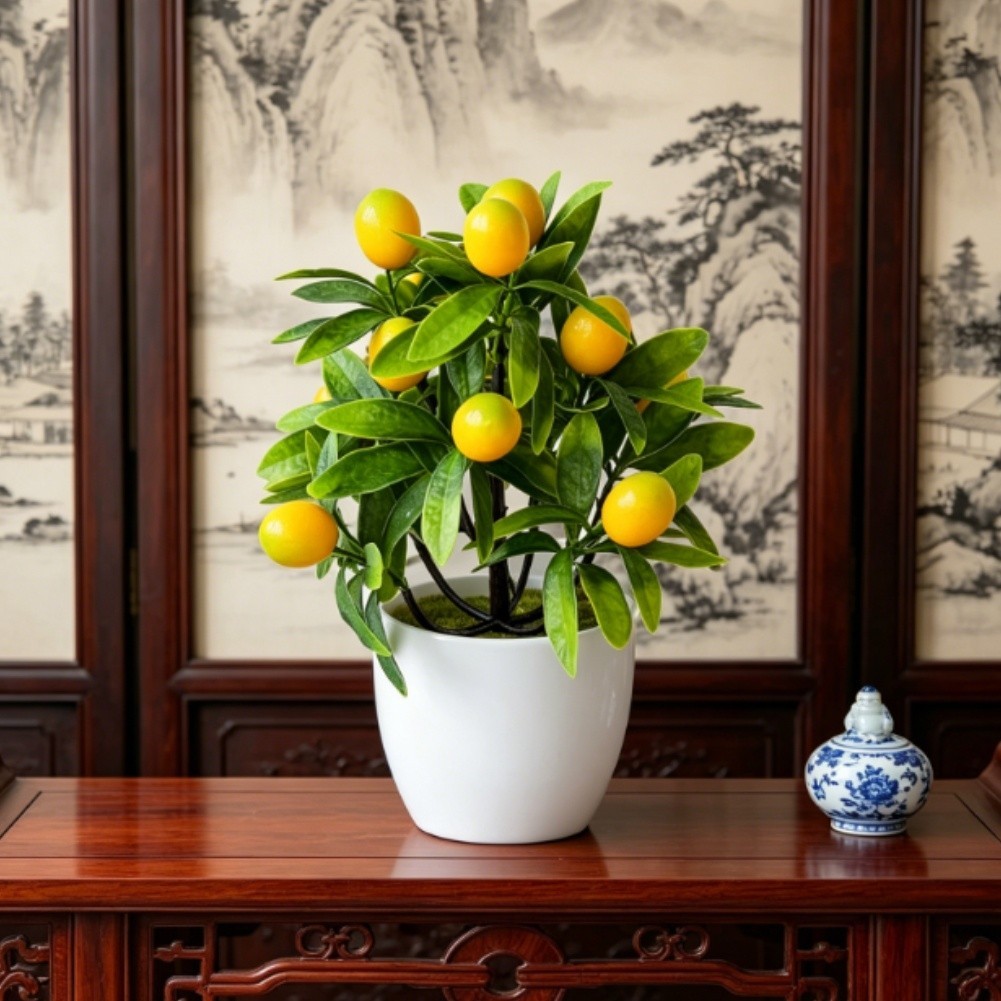 Artificial Lemon Desktop Plant for Office Home Decoration Yellow 18cm Pot