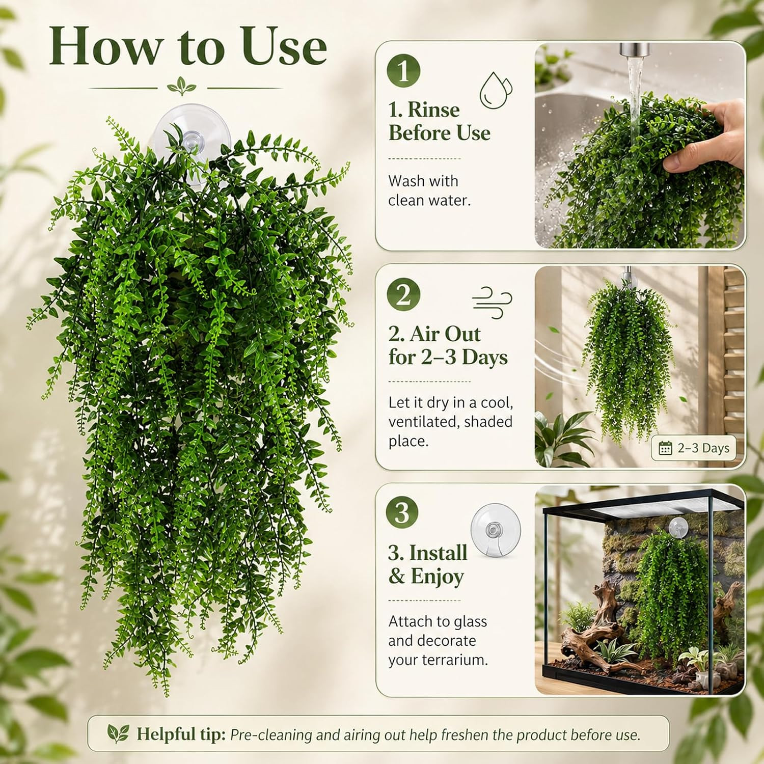 3 Pack Reptile Plants, Terrarium Hanging Plants Vines Artificial Leaves Habitat