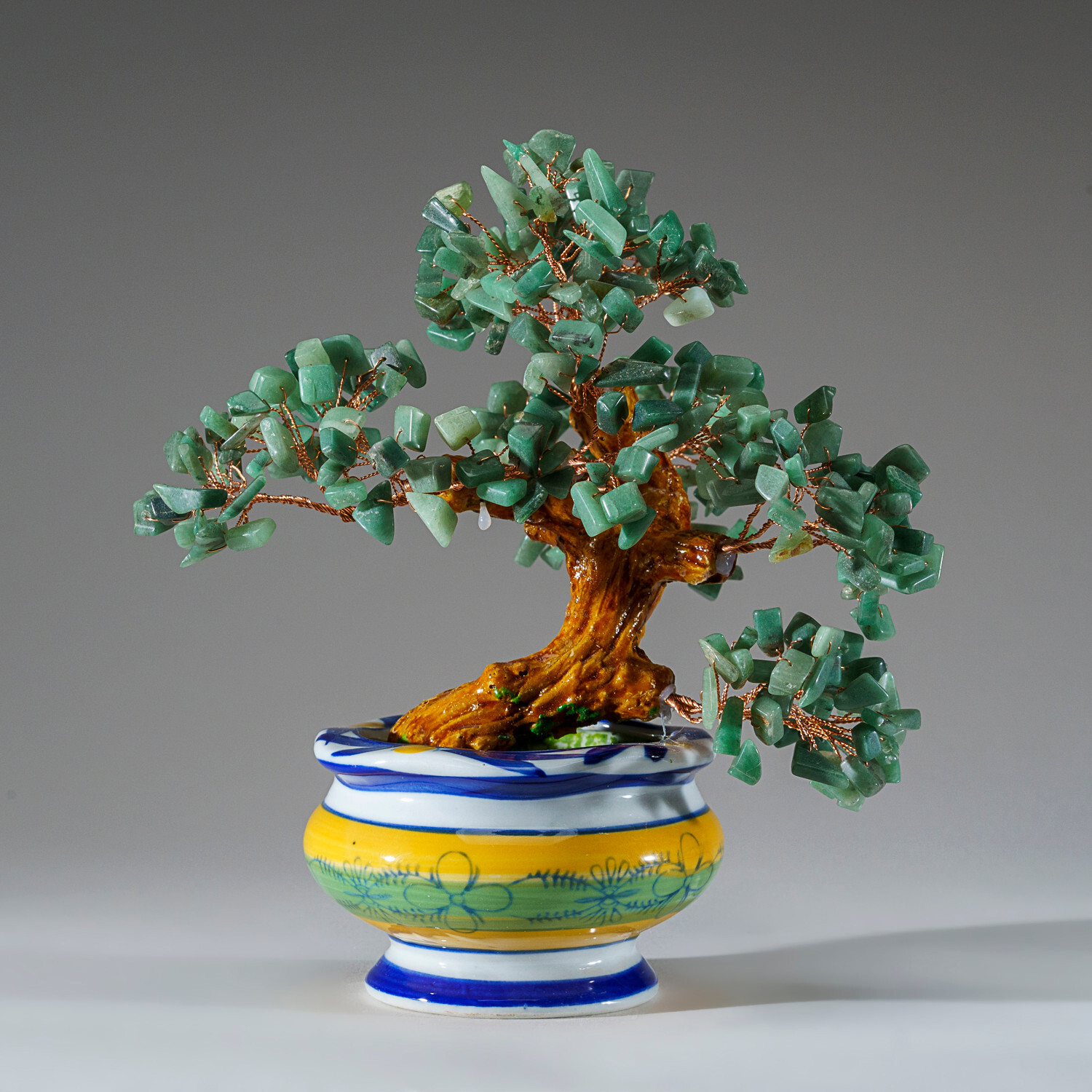 Genuine Green Aventurine Gemstone Bonsai Tree in Round Ceramic Pot (8.5”)