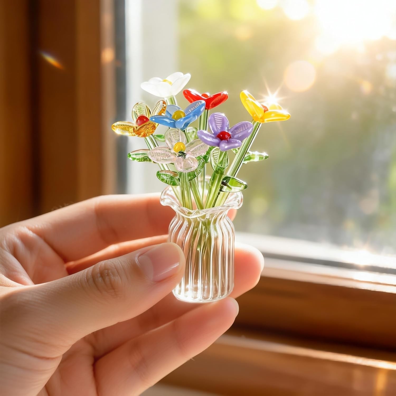 7 Pcs Blown Glass Flower Bouquet with Vase Mini Crystal Artificial Flowers fo…