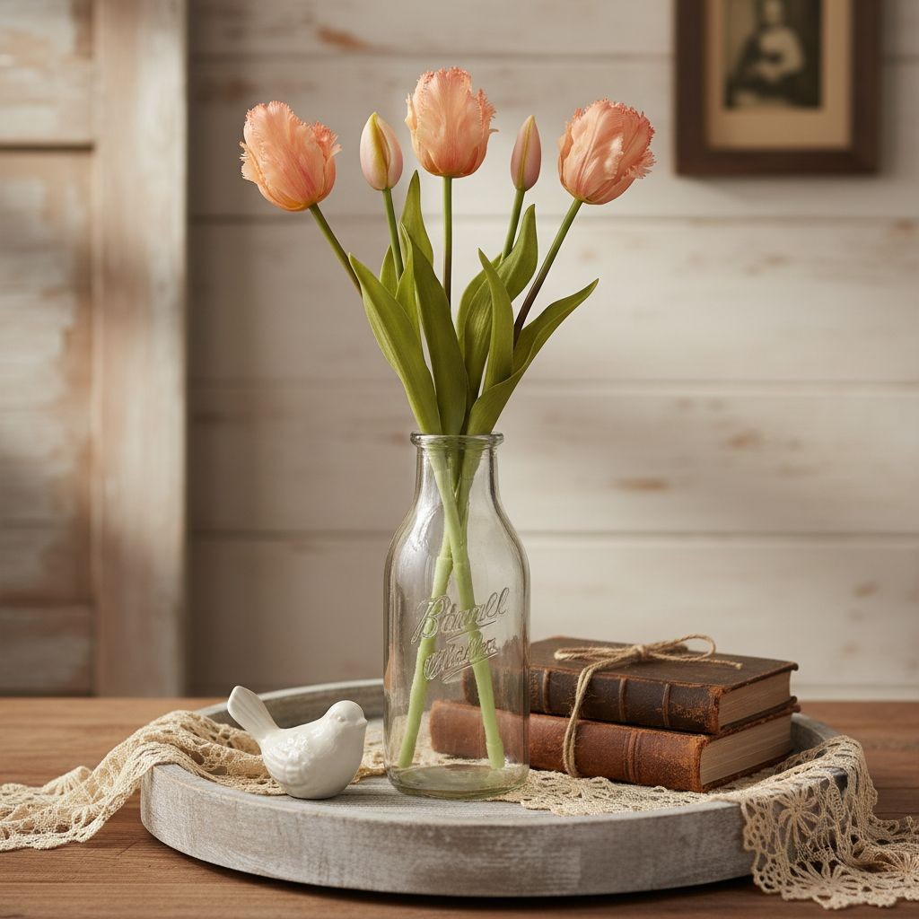 Peach Coral Artificial Tulips 15 Inch Set of 5 Faux Spring Flowers Easter Weddin