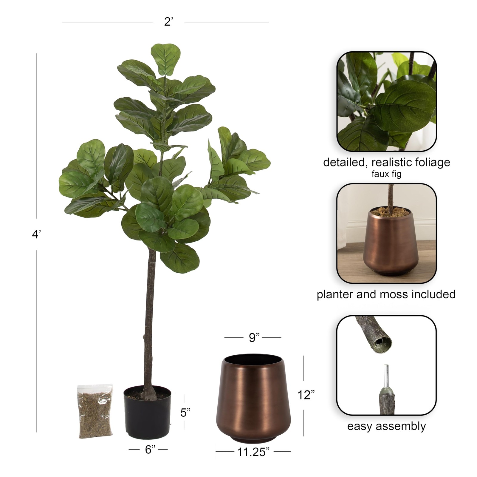Fidmont Faux Fiddle Fig Tree with Portell Metal Planter Pot, 4 FT, Antique Br…