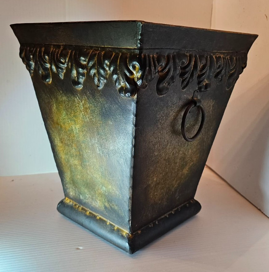 Metal cachepot square pot cover with Rooster Design 12″