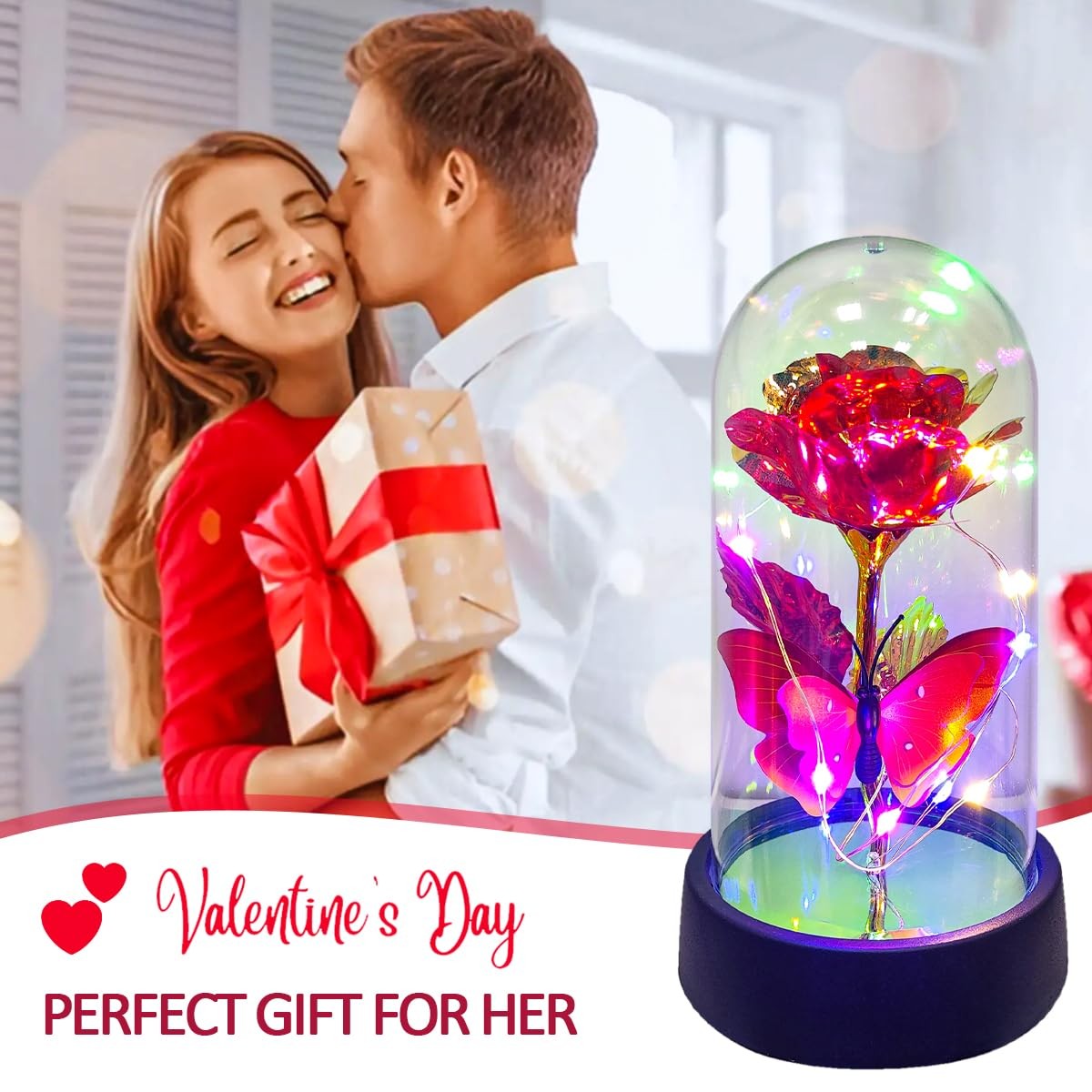 Eternal Rose Flower in Glass Dome with LED Lights for Her Women Mothers