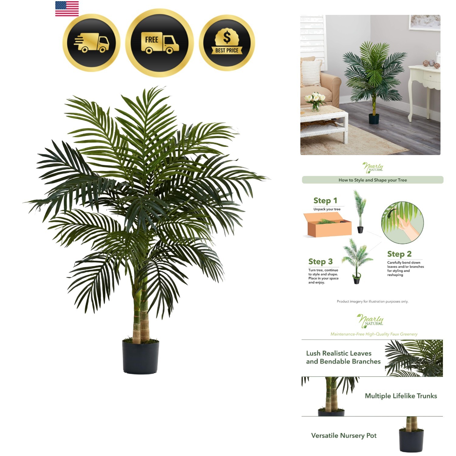 4ft Golden Cane Palm, Double Stalk Artificial Tree With Lush Realistic Foliag…