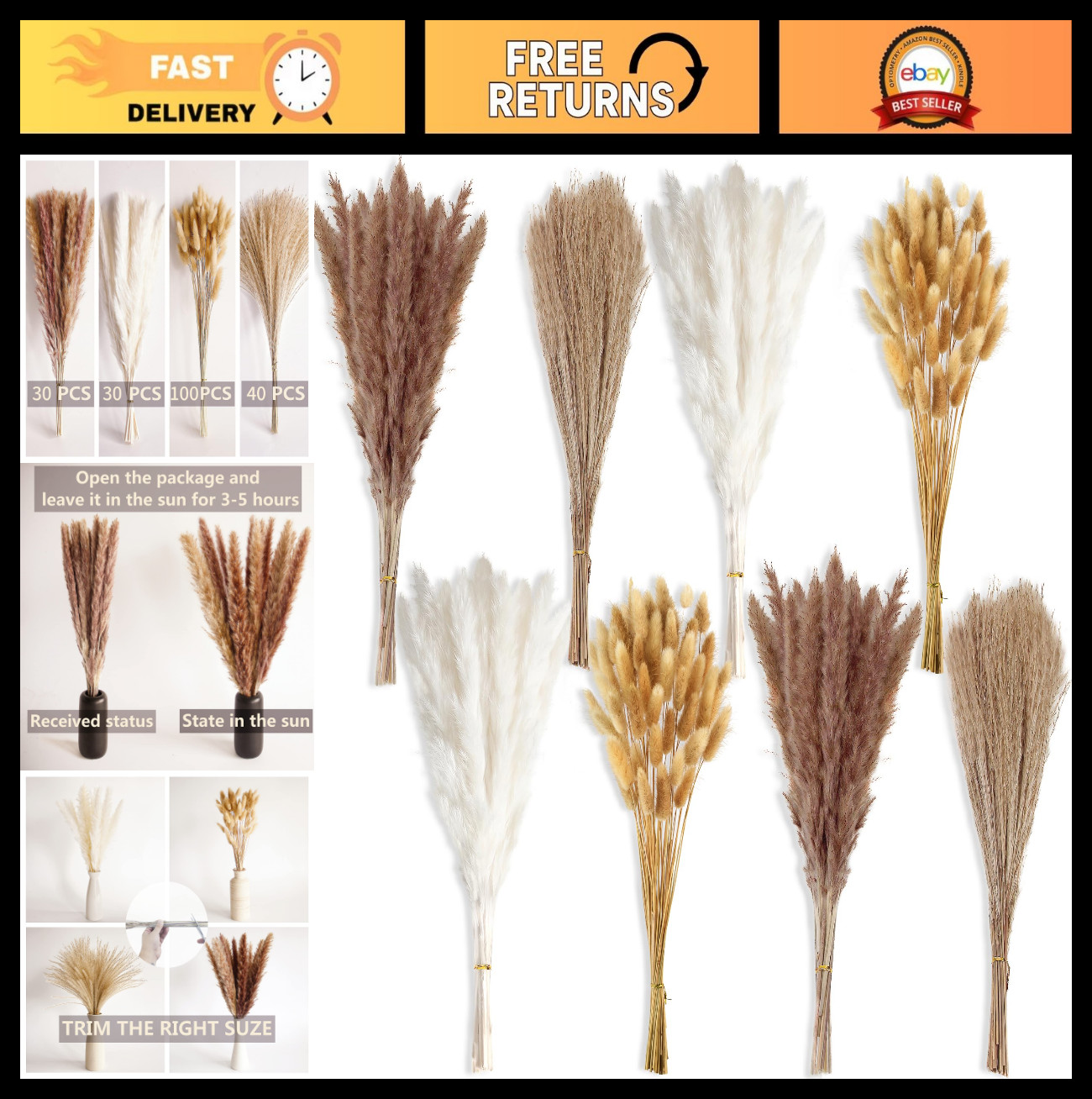 200 PCS Dried Pampas Grass Stems 17″ – Boho Wedding & Party Decor, Table Centerp