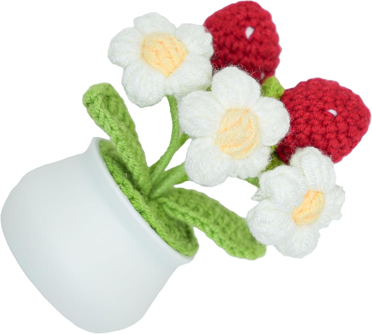 Crocheted Strawberry Potted Plants with Wool, Hand-Made Artificial Flowers and L