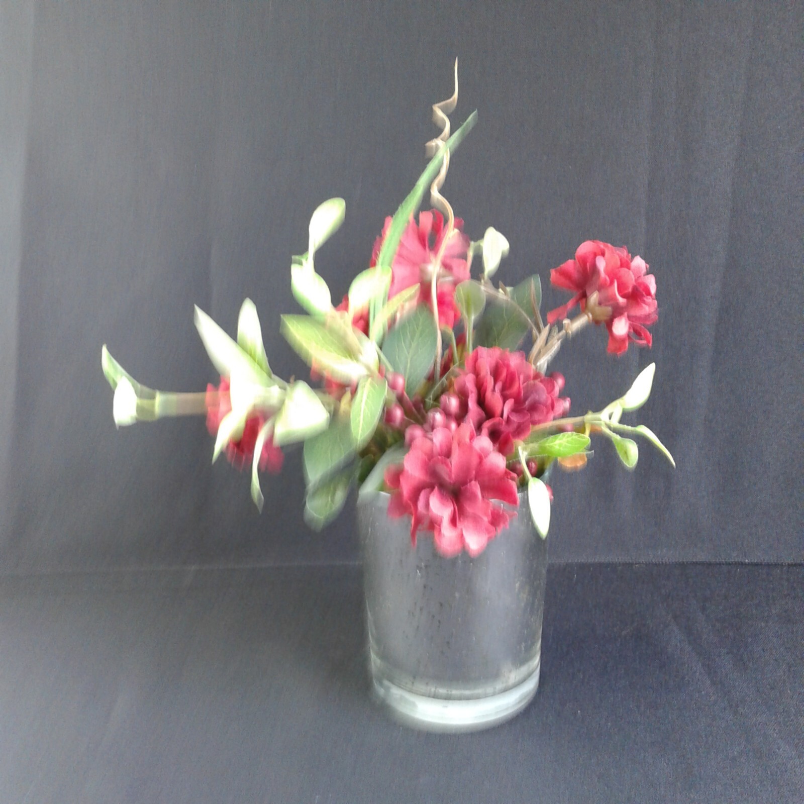 Silver speckled Vase Maroon Flower Arrangement Handmade Chic Country Rustic 1355