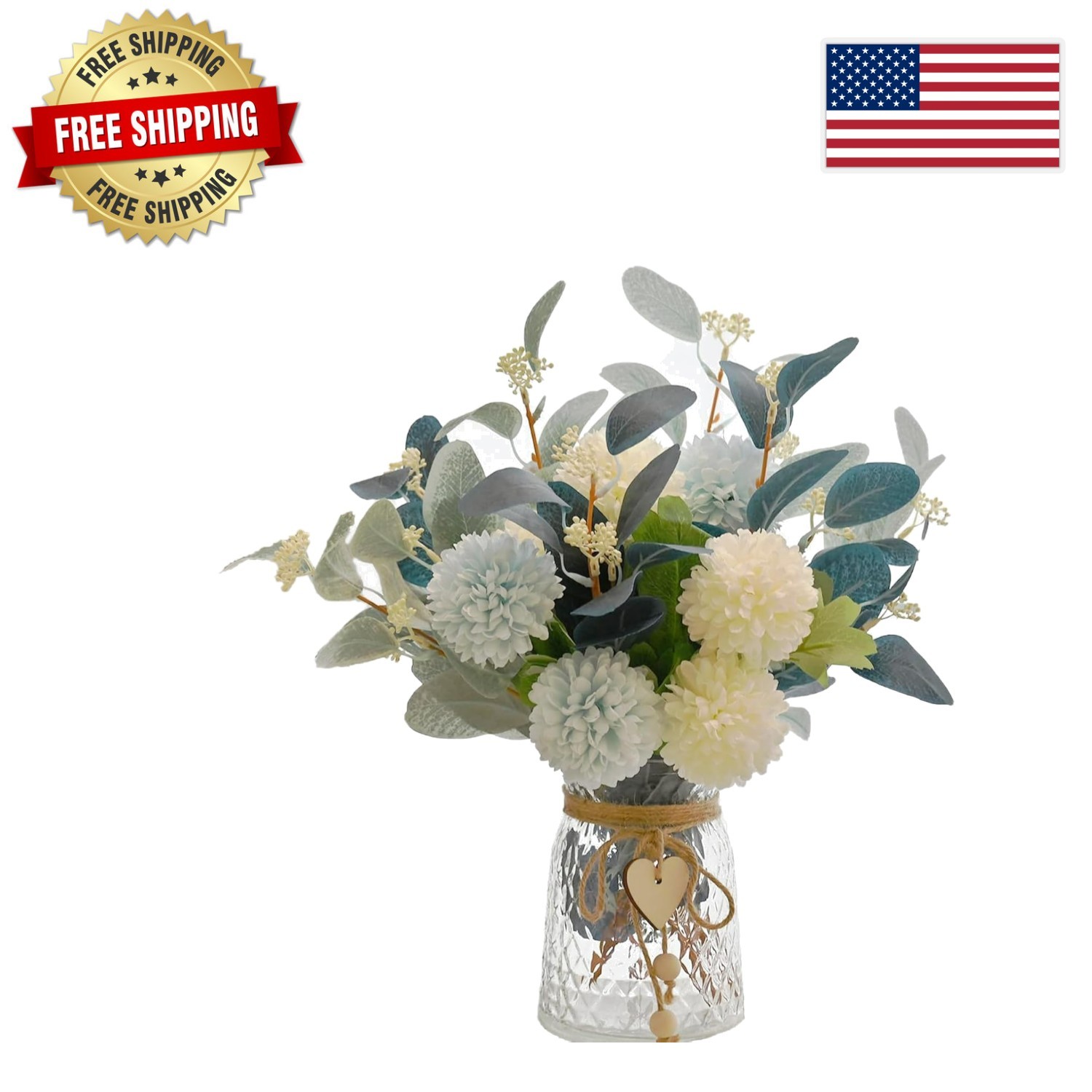 Faux Flower Bouquet with Adjustable Stems and Rustic Glass Vase – Home Decor