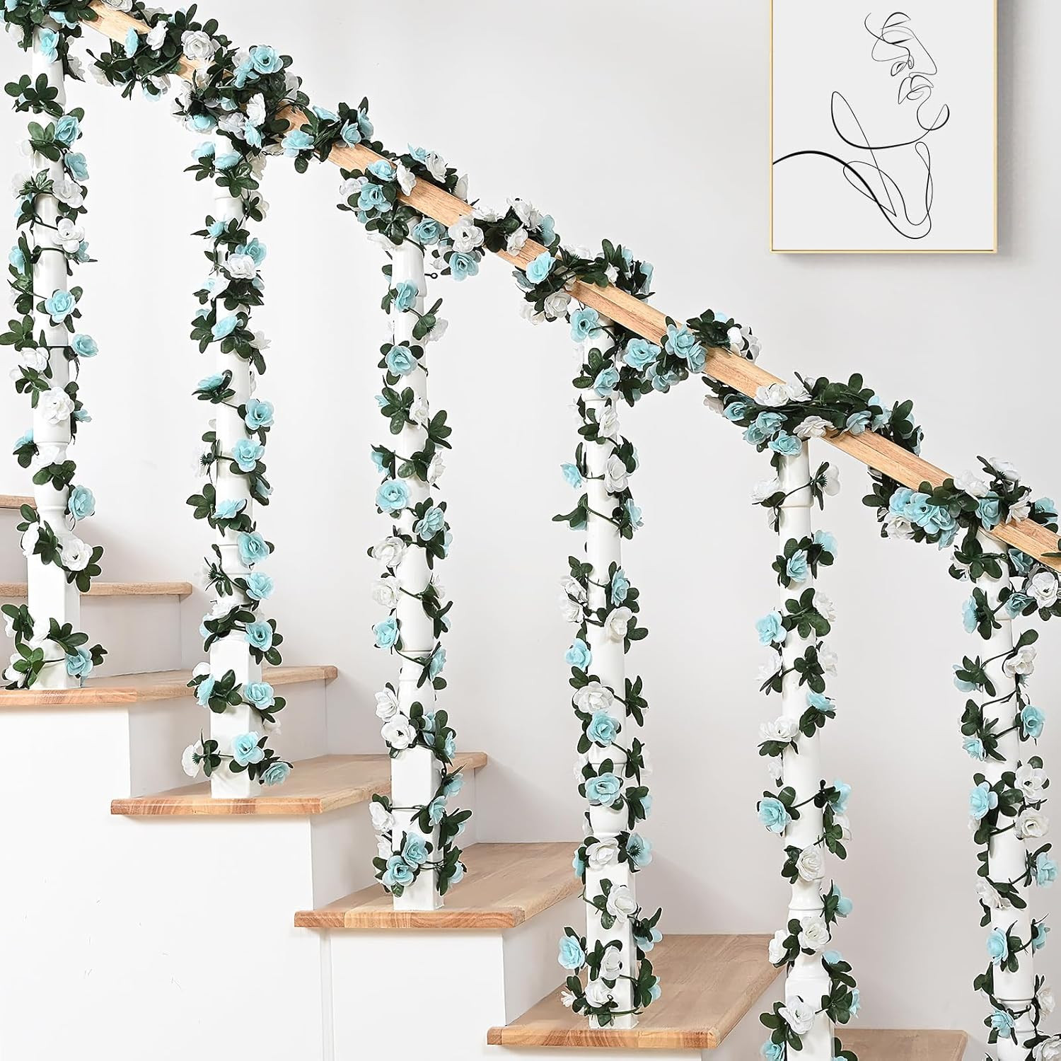 Flower Garland – 5 Strands 41Ft Rose Vines for Bedroom Decor, Blue and White Ros