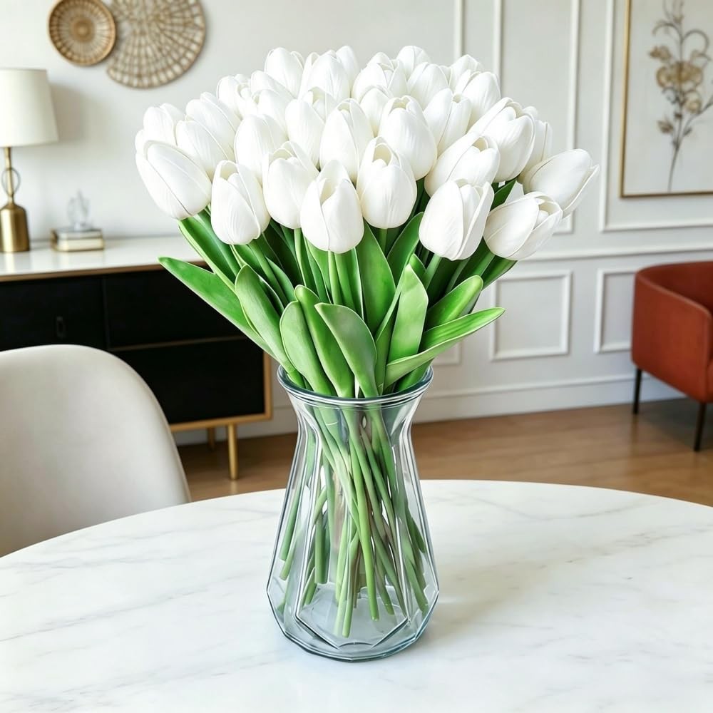 20 Pcs White PU Artificial Real Touch Tulip Flower Arrangement Party Decor