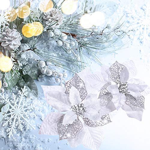 36 Pieces Christmas Poinsettia Glitter Faux Flowers Christmas Silver