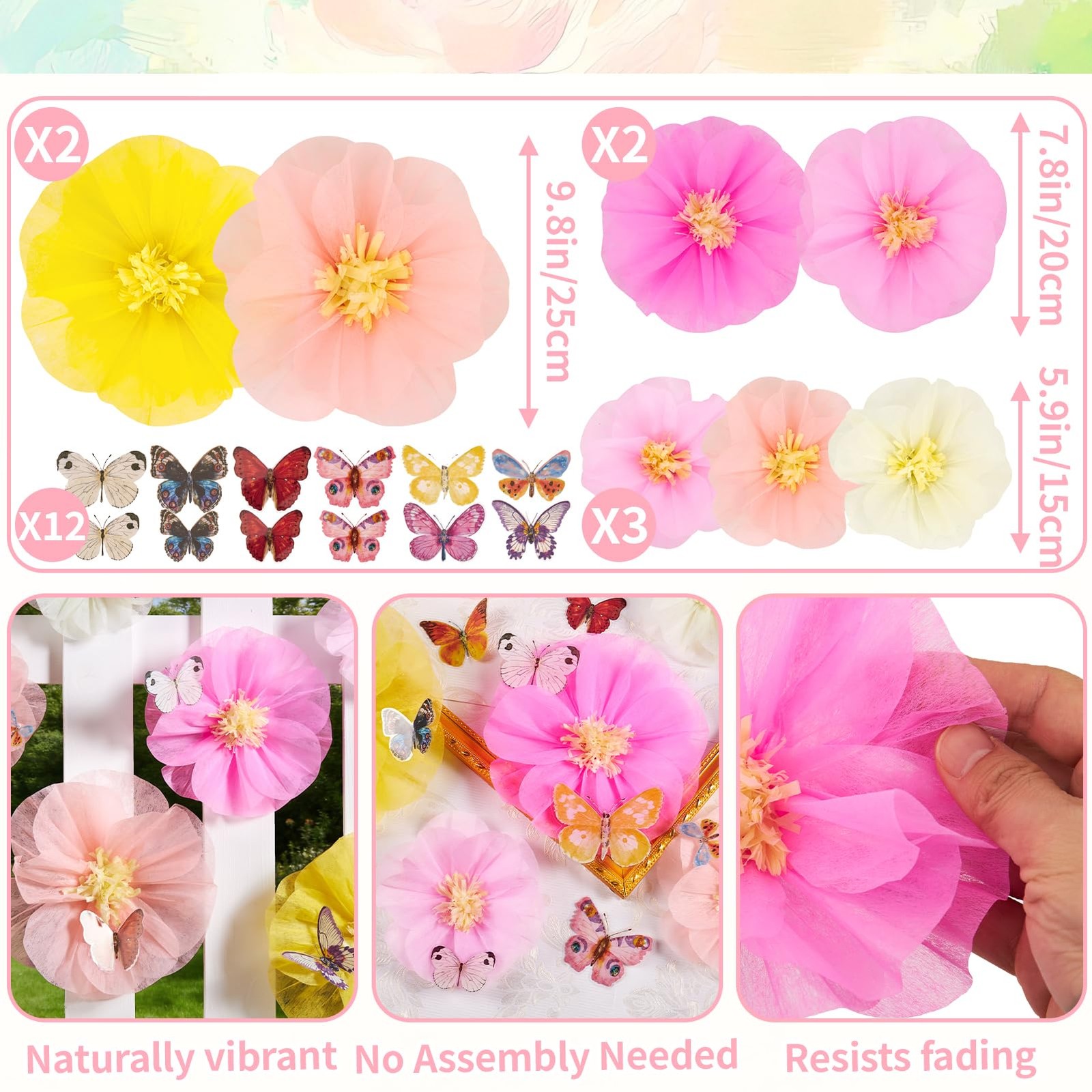 Large Paper Flower Decorations with 3D Butterfly Stickers Pink Yellow Giant T…