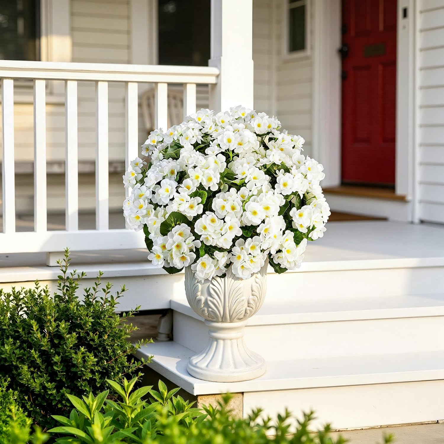 Geraniums Artificial Flowers for Outdoors, UV Resistant, White | Plastic Flowers