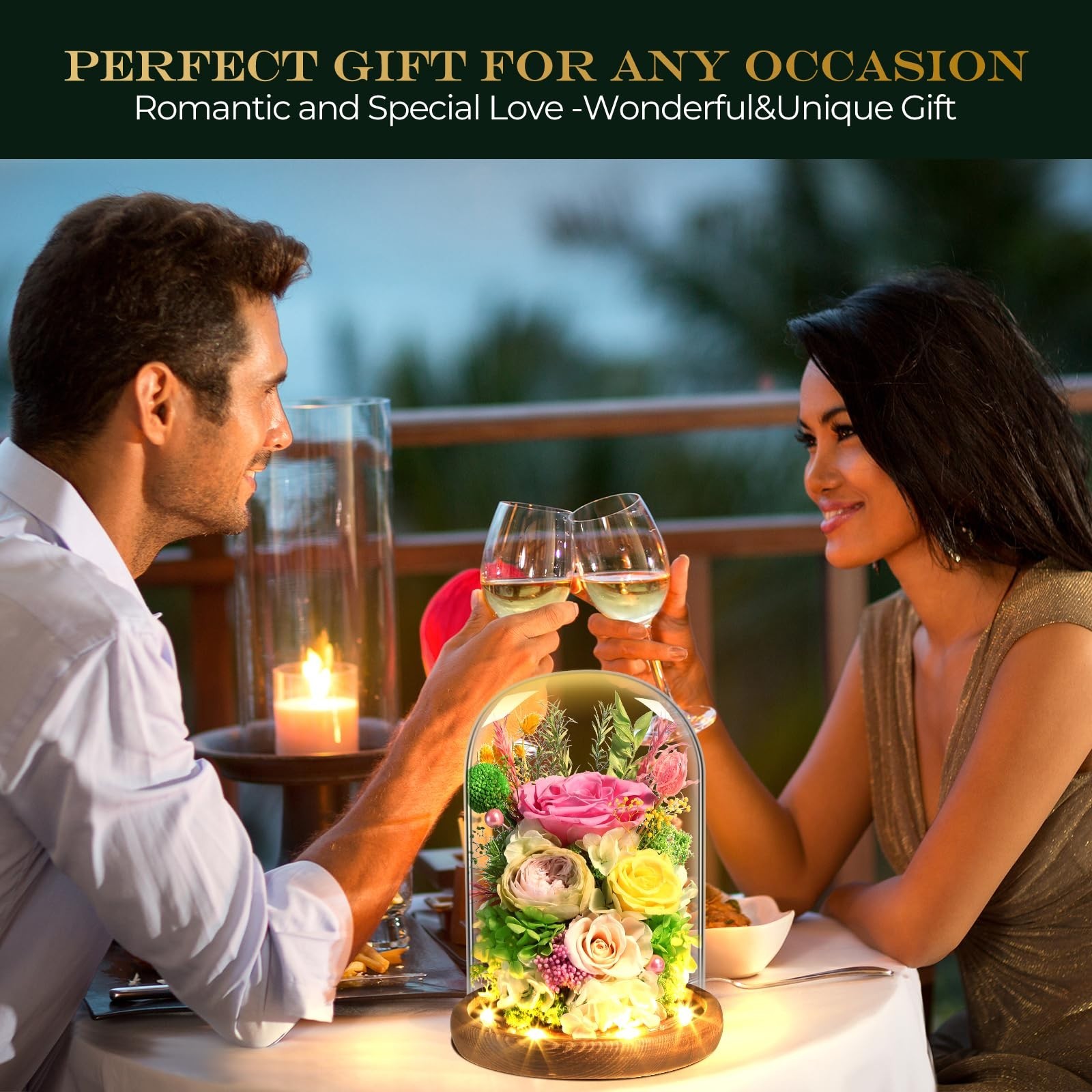 Preserved Yellow & Pink Roses in Glass Dome with LED Light – Lasting Gifts for W
