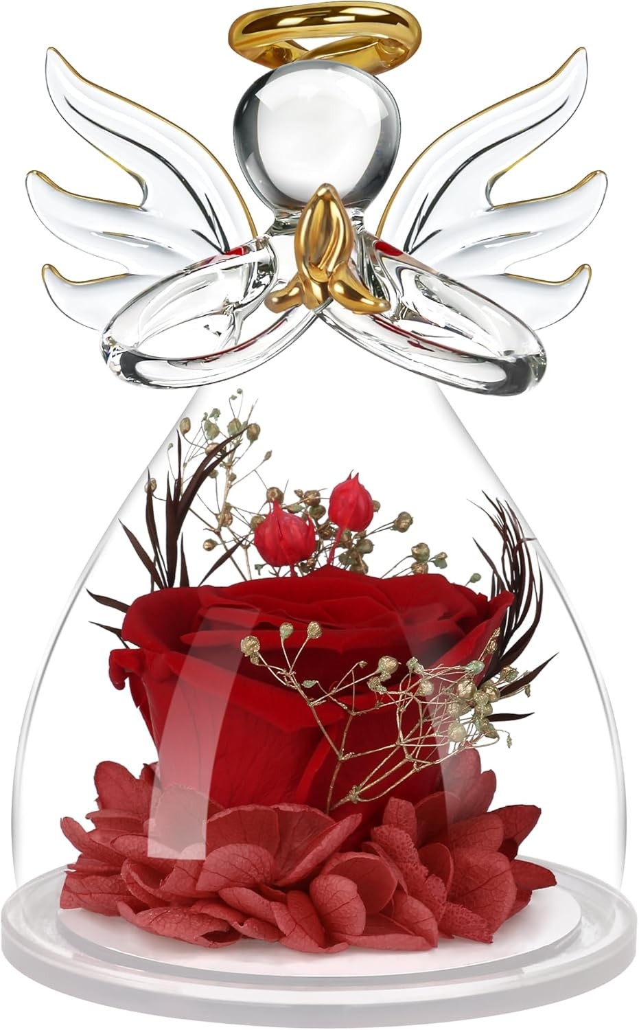 Preserved Flower Rose in Glass Angel Figurines,Mothers Day Gifts for Red
