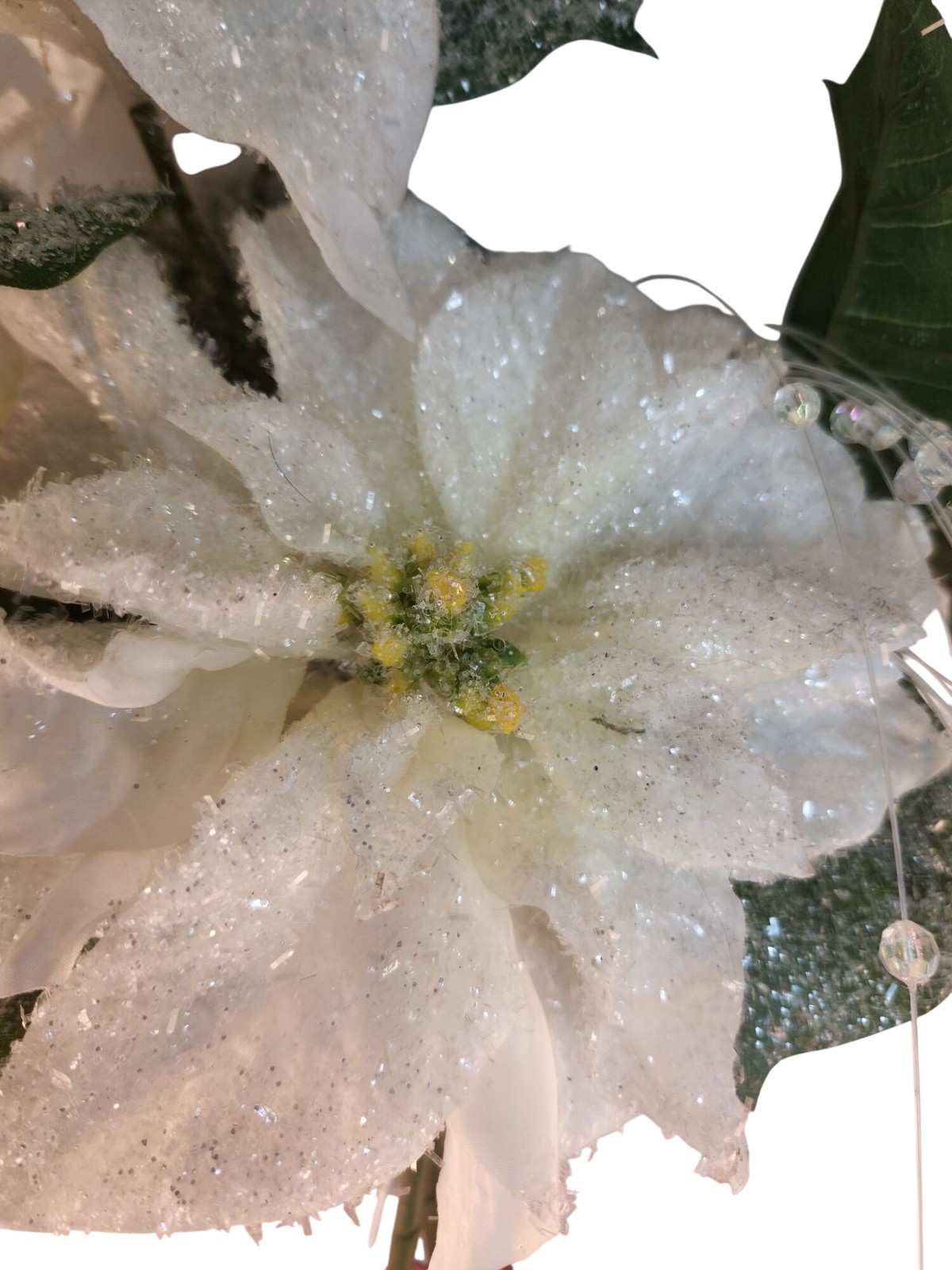 White Glitter Poinsettia Artificial Flowers With Crystal Bead Accents 4 Stems &