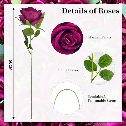 10 PCS Artificial Roses with Long Stems Silk Flowers Realistic Foam Rose Red