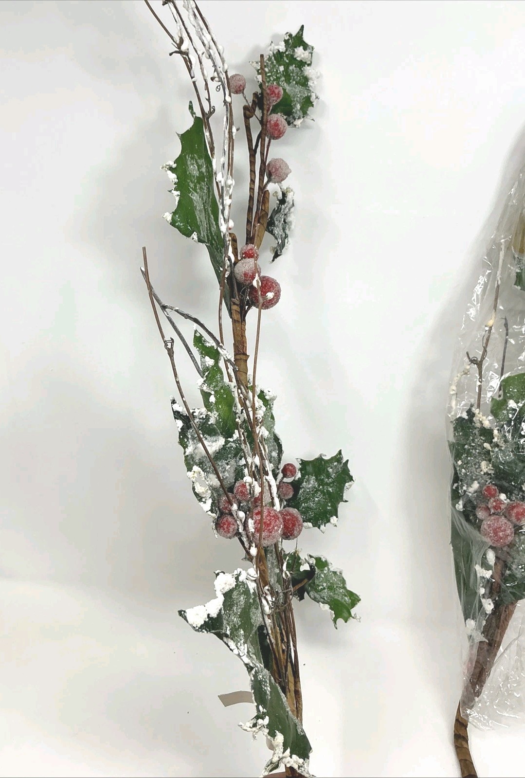 Holly Leaf Floral Pick w Flocked Edges Red Sugar Berries 36” 2 Picks Artificial