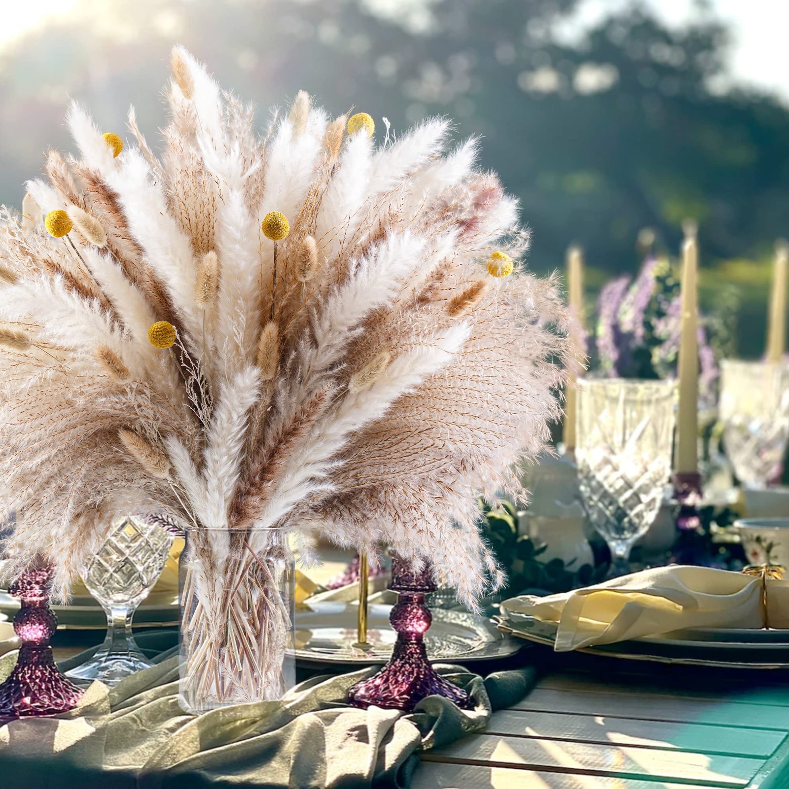 100PCS Natural Dried Pampas Grass Decor – 17.5″ Fluffy Pampas Grass Bouquet
