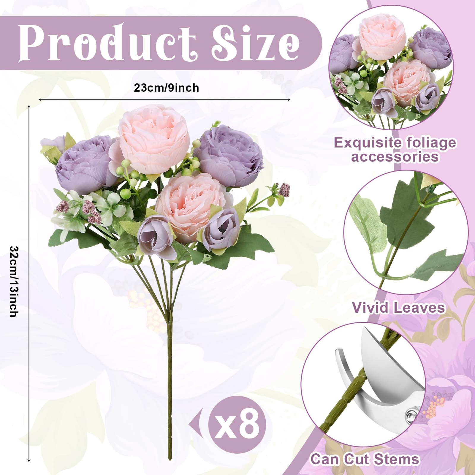 8 Pack Pink, Purple Peonies Artificial Flowers, Fake Silk Hydrangea Bouquet f…