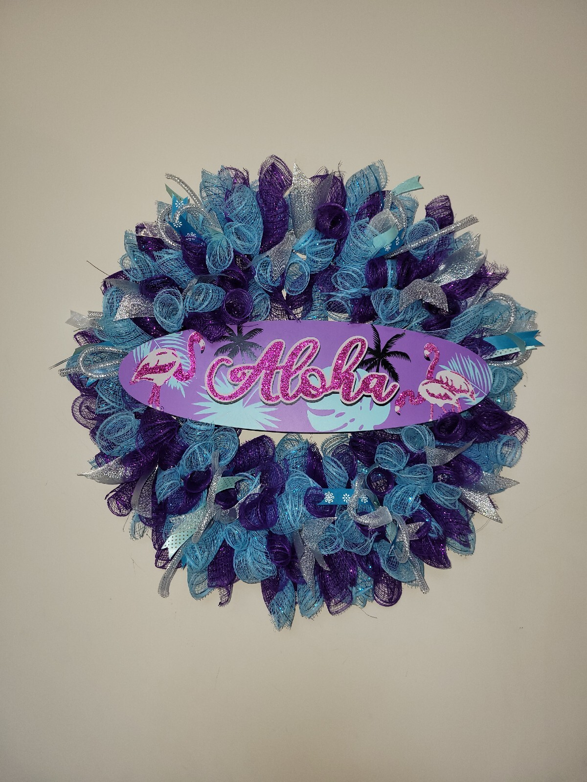 ALOHA Summer Spring Mesh Front Door Wreath Wall Decor BRIGHT Purple Pink Blue
