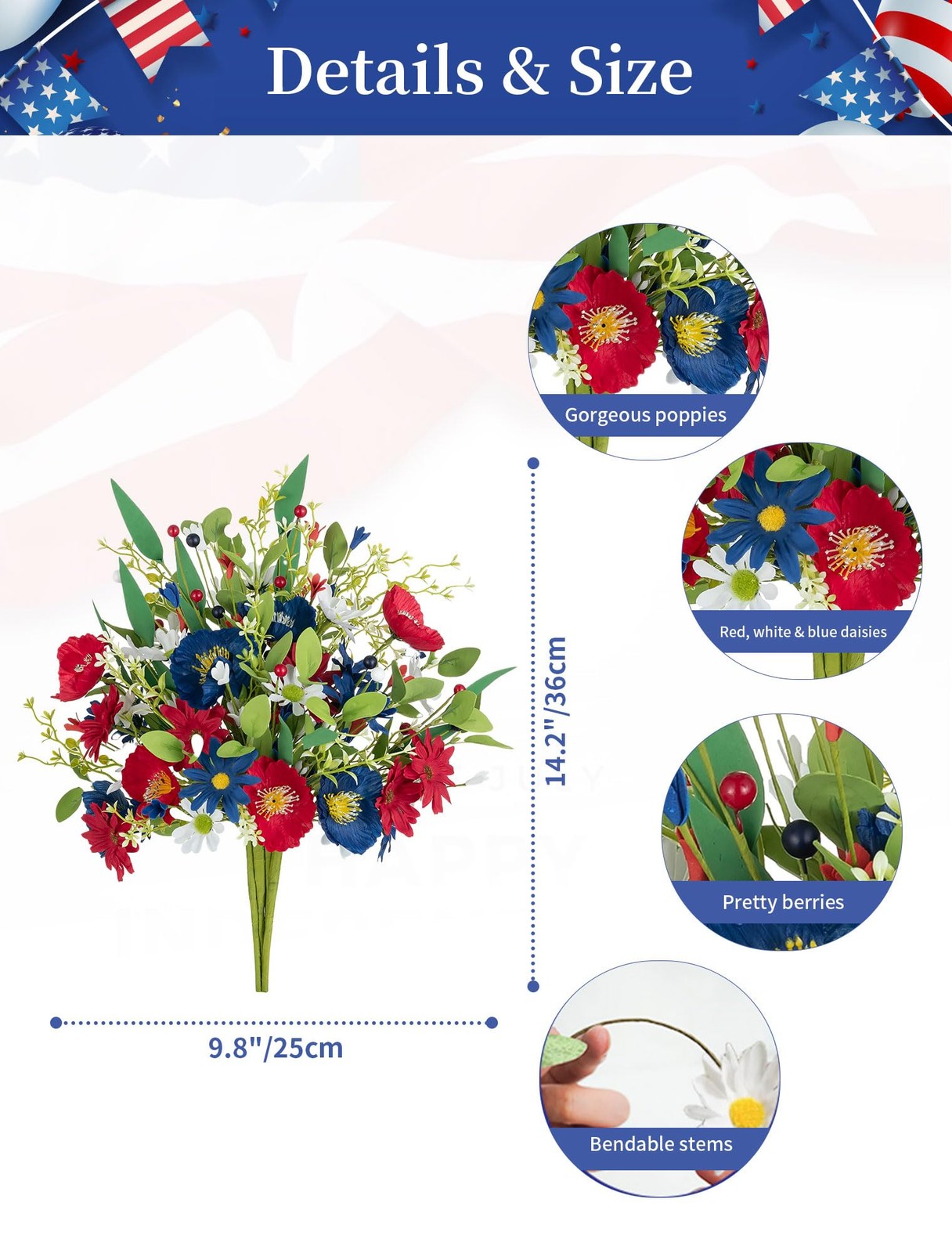 4 Bundle Red White Blue Artificial Flower Patriotic 4th Of July Bouquet Decor