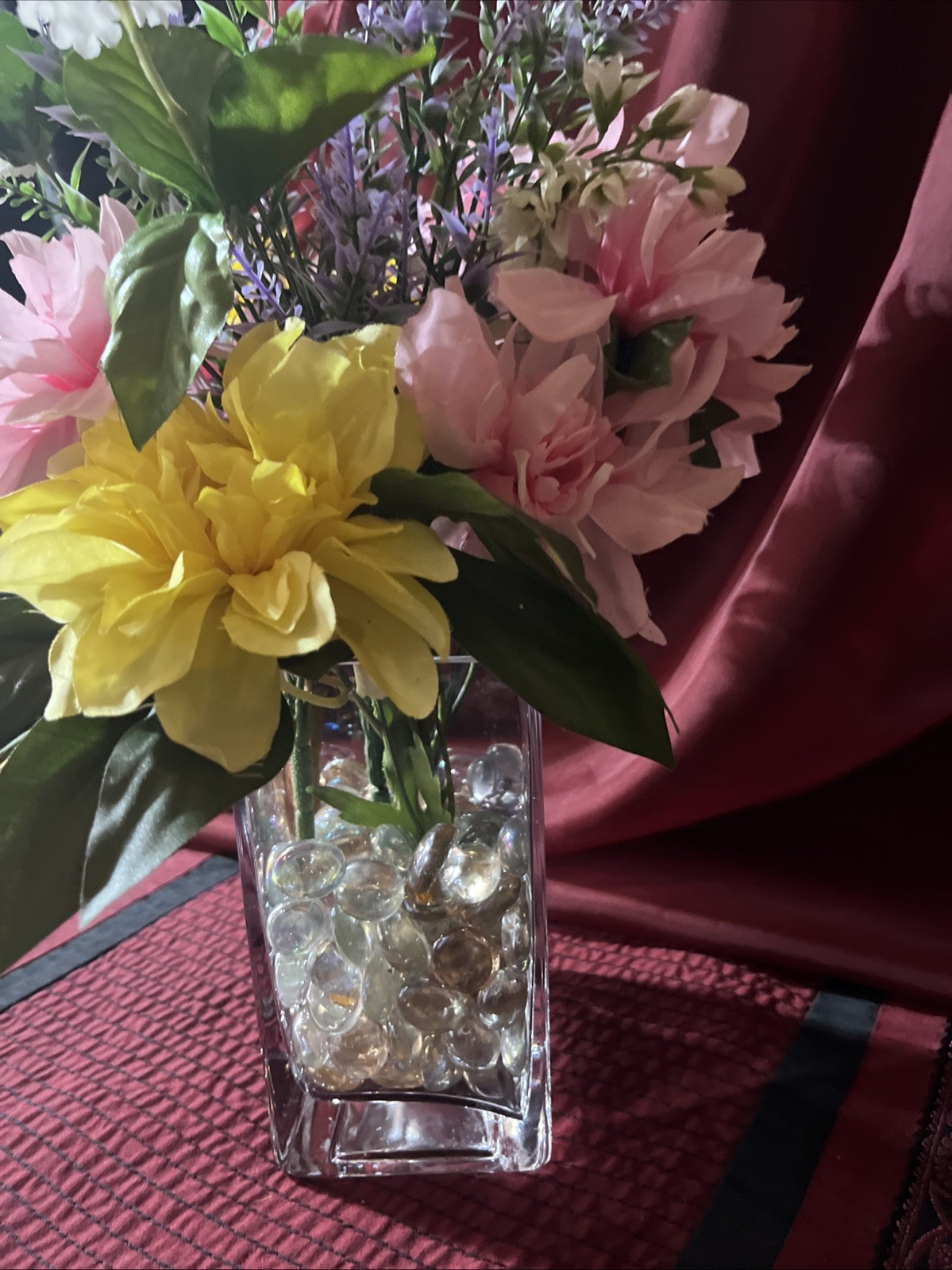 Beautiful Silk Floral Arrangement And An Oblong Square Vintage Glass Vase