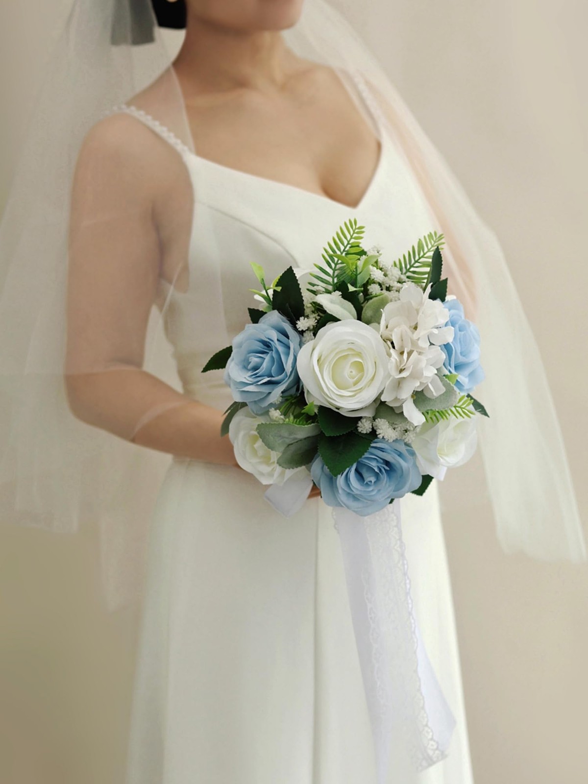 9 Inch Dusty Blue Ivory White Wedding Bouquet Bride Artificial Roses Flower