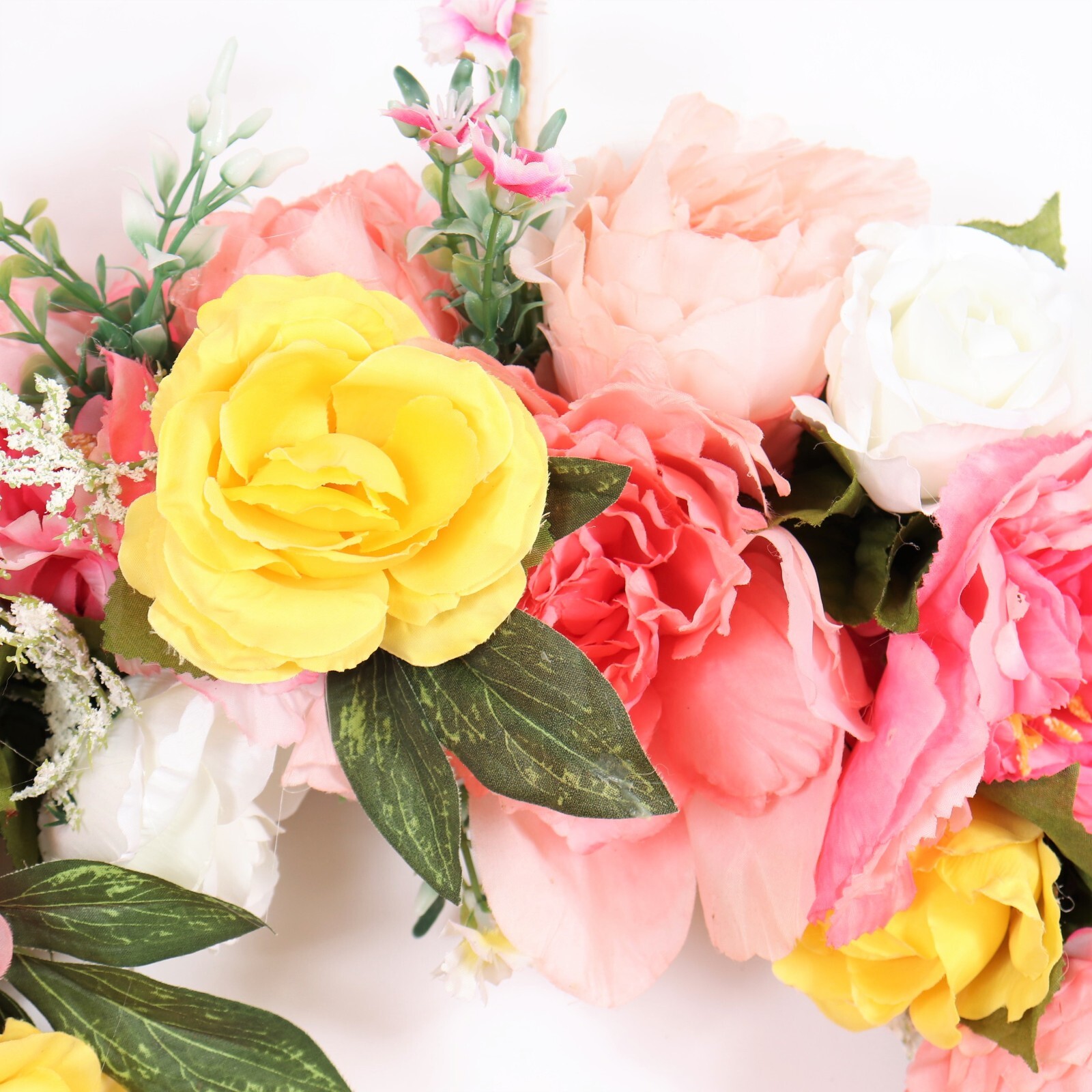 Beautiful Floral Wreath in Pinks Yellow and White with Green Leaves