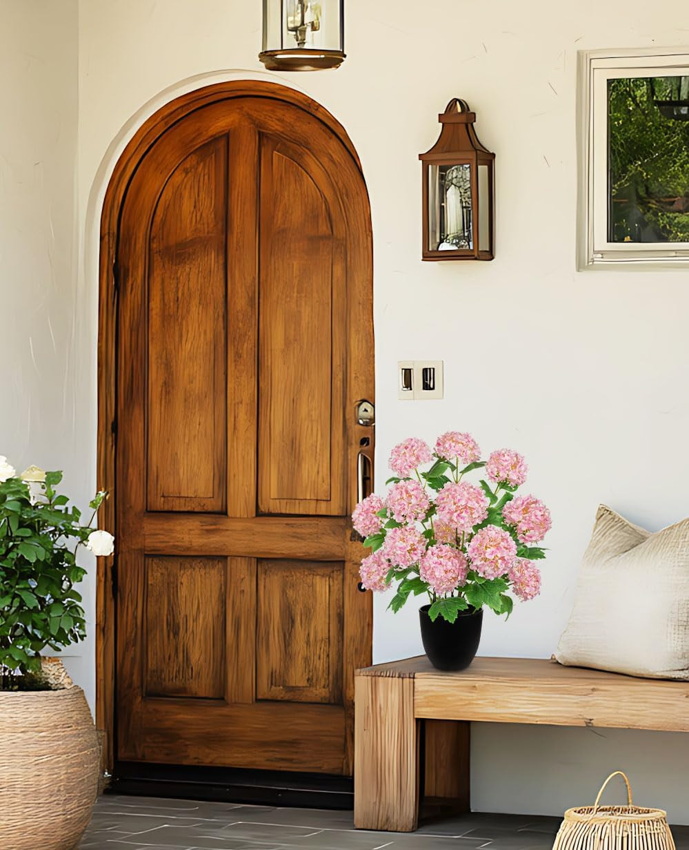Realistic Pink Faux Hydrangea Plant in Pot – 13 Blooming Heads for Home Decor