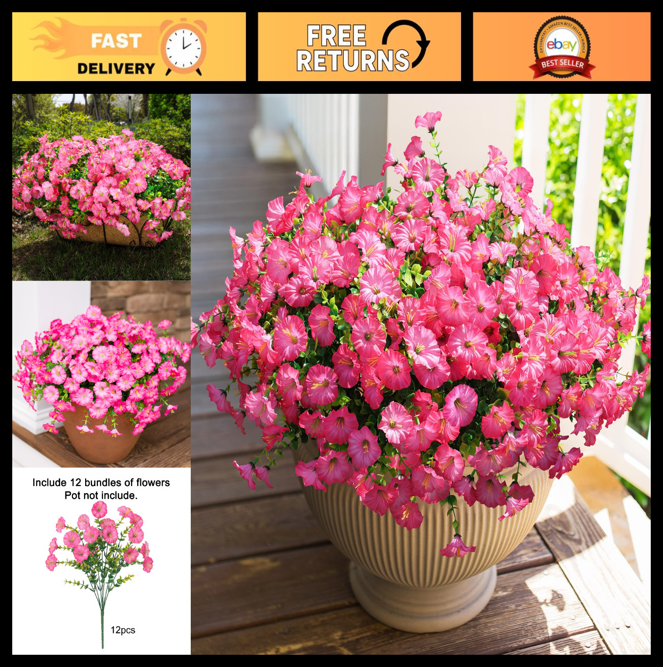 12 Bundles UV Resistant Pink Morning Glory Fake Flowers for Outdoor Decor, Eucal