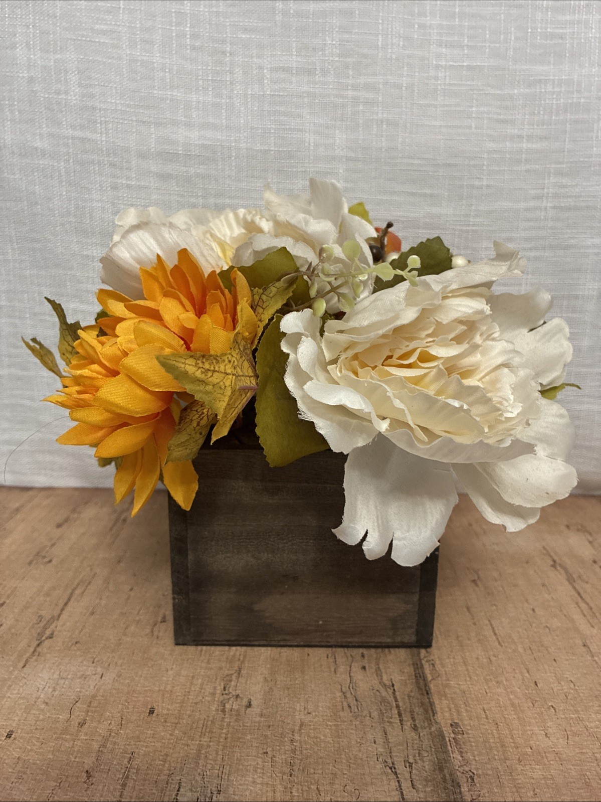 Faux Floral Arrangement In Wood Box Multicolor White, Yellow, Orange 5” Box 9”T