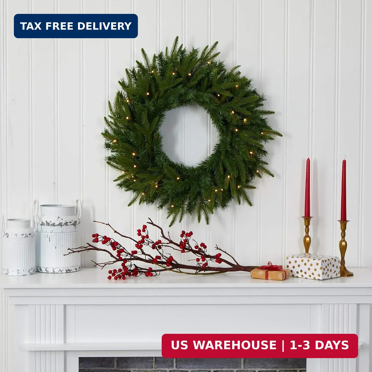 Nearly Natural 24in Artificial Long Pine Christmas Wreath Faux Greenery with Cle