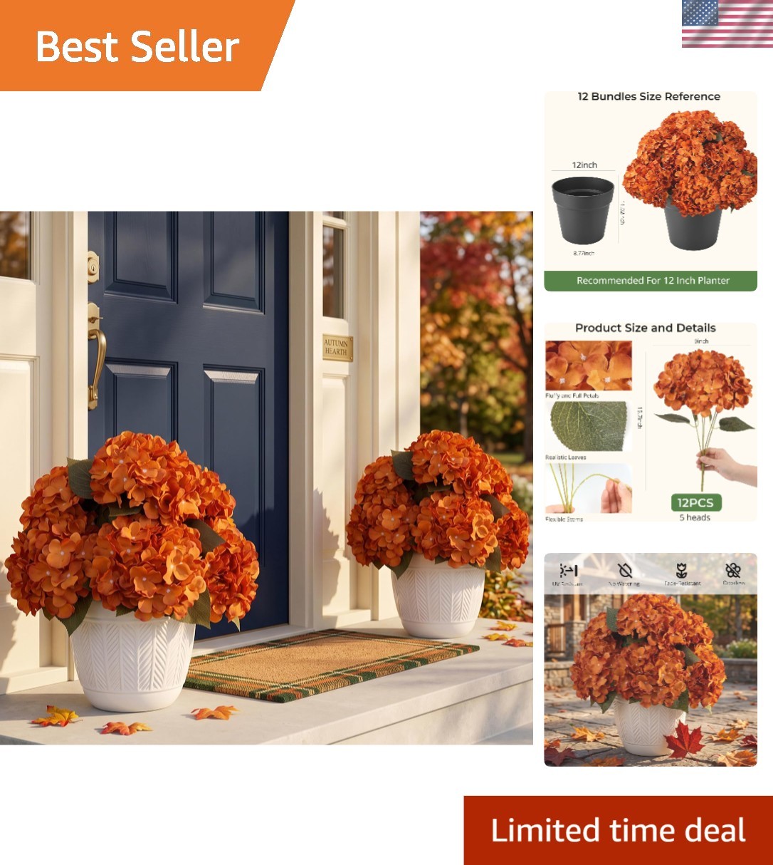 Bulk 12 Orange Artificial Hydrangeas – Waterproof, Zero Maintenance Fall Decor