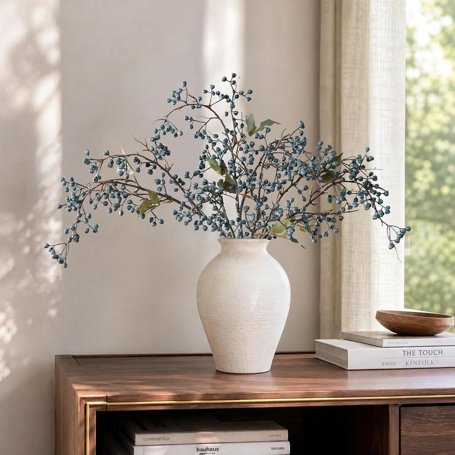 HyeFlora 4 Pcs Artificial Blueberry Stems, 32 Inch, Dual Blue Rose | Faux Berry